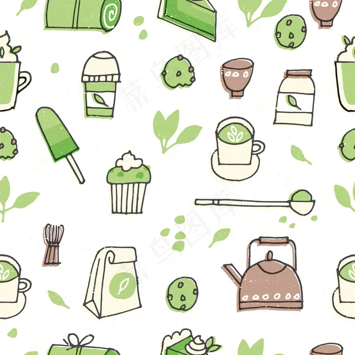 抹茶产品说明。手绘茶具、咖啡和糖果。无缝图案。eps,ai矢量模版下载