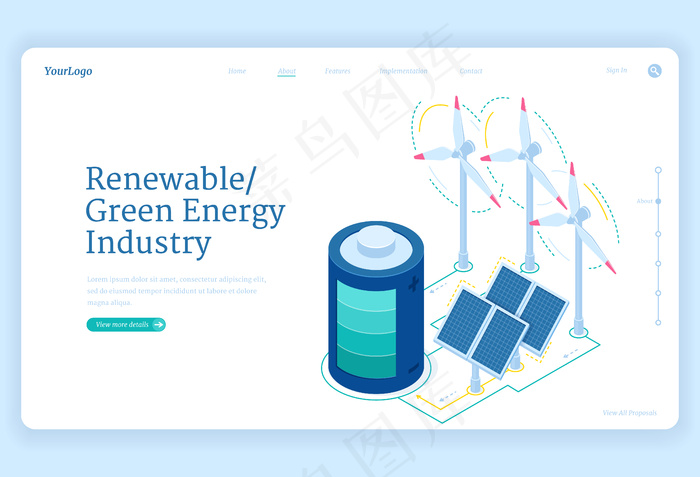 可再生绿色能源产业等距登陆页。可持续发展理念与风力涡轮机，太阳能电池板和电池，环境保护，节约三维网页横幅banner