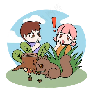 秋天小男孩小女孩和小松鼠卡通主