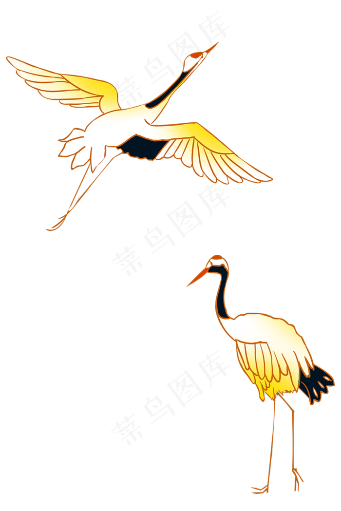 两只黄色手绘丹顶鹤