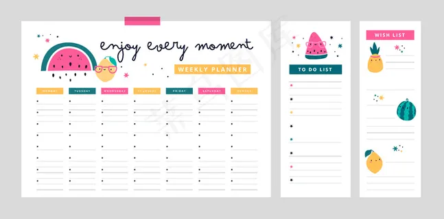 每周计划，愿望清单，待办事项清单，卡通平面风格，可爱的水果和动机短语