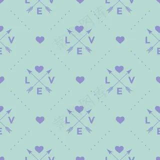 天衣无缝的图案与箭头，心和字爱在一个绿松石背景情人节。插图。