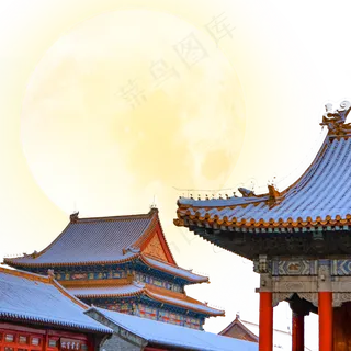 中秋屋顶屋檐赏月