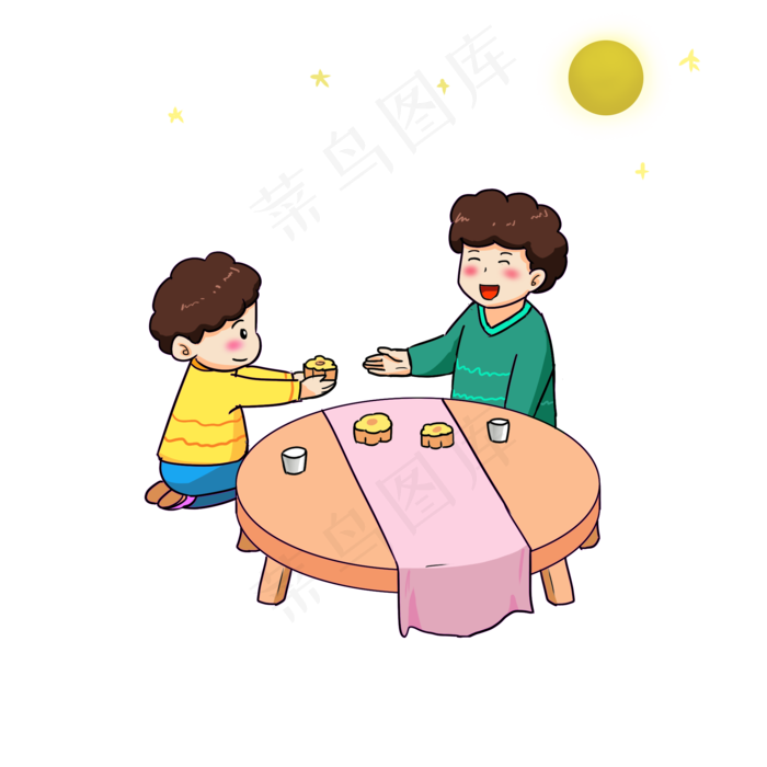 中秋节家人团聚赏月吃月饼手绘卡