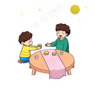 中秋节家人团聚赏月吃月饼手绘卡