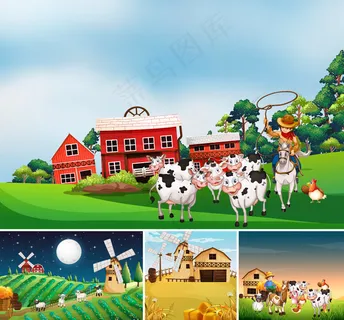 动物农场卡通风格的不同农场场景集