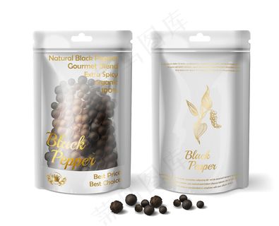在白色背景上隔离黑胡椒的3d逼真包装。
