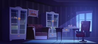 豪华办公室，晚上有古典风格。空旷黑暗的室内，木质实心家具秘书桌