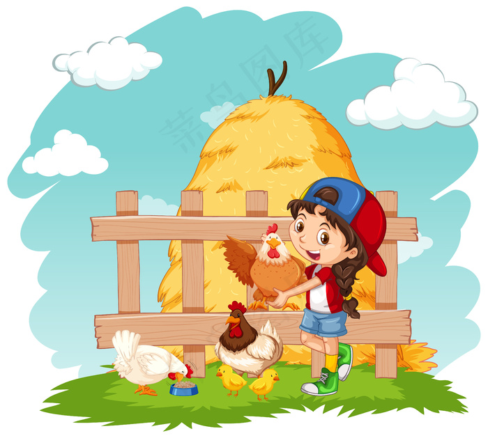 农场上的快乐女孩和小鸡