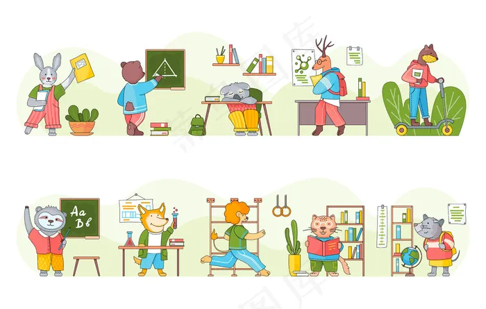 收集有趣的卡通动物学生或小学生学习。聪明的动物写作，读书eps,ai矢量模版下载