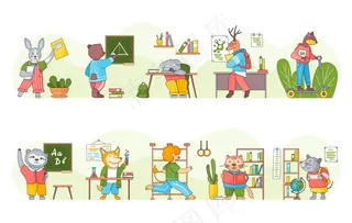 收集有趣的卡通动物学生或小学生学习。聪明的动物写作，读书