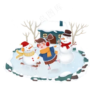 冬天欢乐堆雪人滑冰