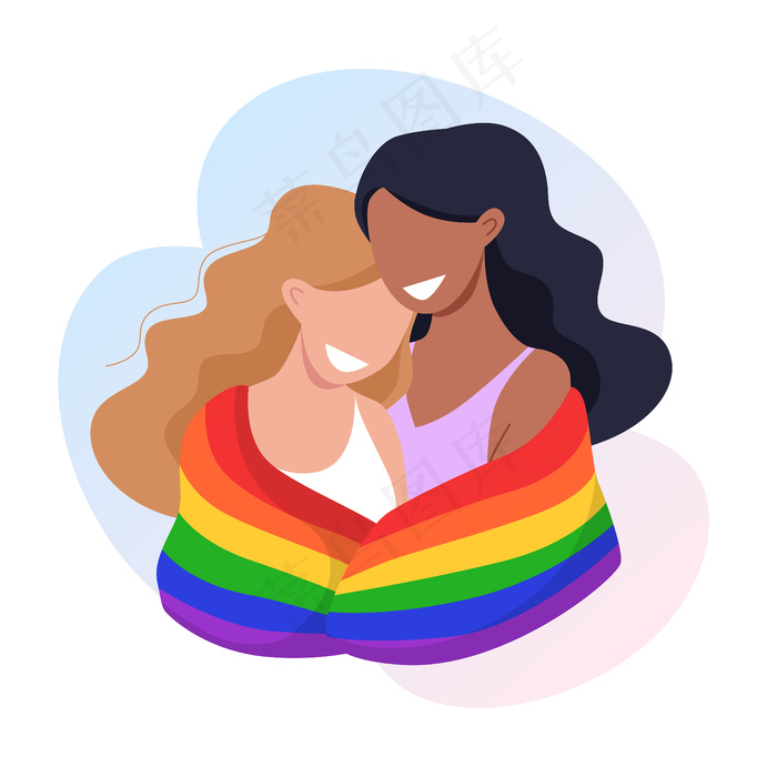 这对年轻的女性夫妇拥抱在一起，举着一面彩虹般的lgbt自豪旗。eps,ai矢量模版下载