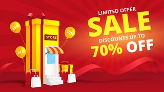 带礼品的网上购物商店概念数字框营销和销售横幅banner背景。