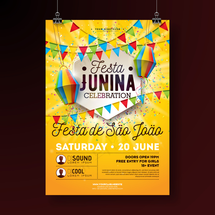 Festa junina派对宣传单,DM传单插图及排版设计。黄色上的旗帜banner、纸灯笼和五彩纸屑。巴西六月节日请柬或节日庆典海报设计。