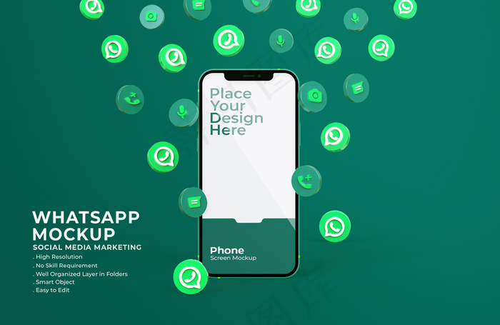 带有移动屏幕模型样机的3d whatsapp图标psd模版下载