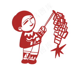 新年放鞭炮男孩剪纸