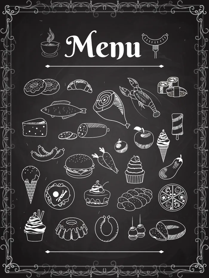 黑板上的矢量食物菜单元素eps,ai矢量模版下载