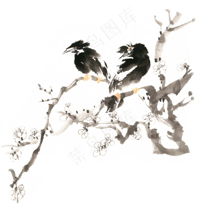 水墨画梅花树上的飞鸟(4724X4724(DPI:300))psd模版下载