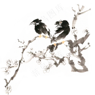 水墨画梅花树上的飞鸟