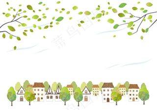 田园诗般的水彩画城市景观，白色背景上有隔离的幼叶。带文本空间的矢量插图。