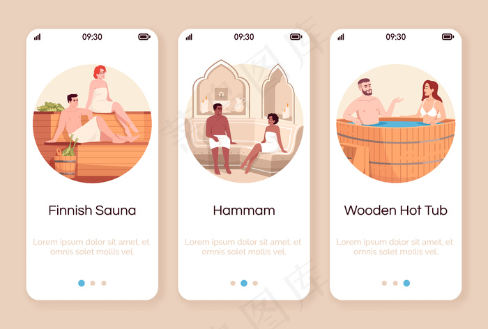 情侣温泉度假酒店在线手机app移动应用程序app屏幕模板。芬兰桑拿。摩洛哥人哈曼。木制热水浴缸。带字符的漫游网站步骤。智能手机卡通ux、ui、guieps,ai矢量模版下载