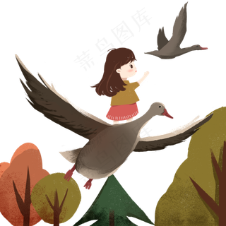 寒露日系手绘站在大雁上的女孩免