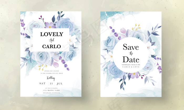 优雅手绘冰蓝色花朵婚礼请柬