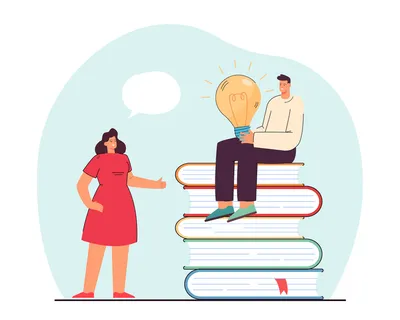 女人和男人坐在一堆书上聊天。平面图