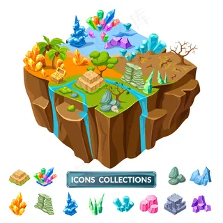 游戏岛和石头等轴测图标