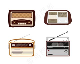 一套复古收音机。白色背景上的老式收音机收藏。