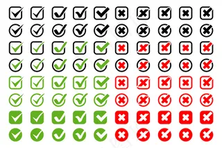 勾选带有十字图标的大集合。带有不同形状和颜色的交叉标记，隔离在白色背景上。现代简约平面设计中的复选标记图标和十字
