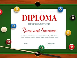 台球锦标赛优胜者文凭，带球杆和球的参赛证书