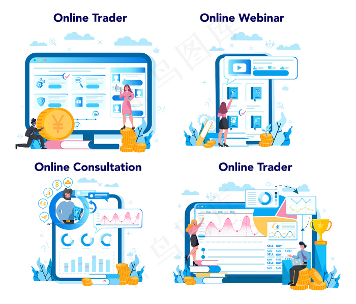 交易员、金融投资在线服务或平台集。买卖利润，交易者策略。货币增长与金融增长。网络研讨会、咨询和网站。