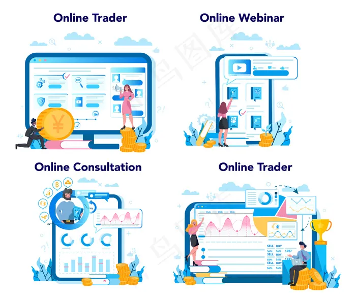 交易员、金融投资在线服务或平台集。买卖利润，交易者策略。货币增长与金融增长。网络研讨会、咨询和网站。eps,ai矢量模版下载