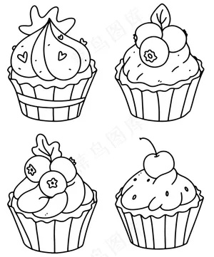 可爱的纸杯蛋糕彩页。纸杯蛋糕设置轮廓涂鸦矢量图。一套松饼。