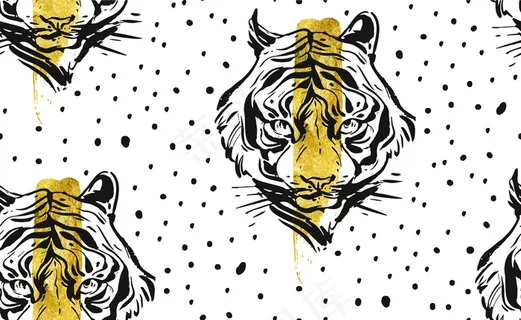 手绘抽象创意无缝图案配虎脸插画
