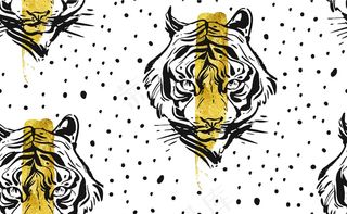 手绘抽象创意无缝图案配虎脸插画