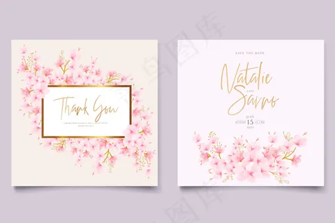 水彩樱花花卉和树叶卡套