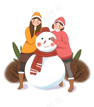 手绘冬季堆雪人的女生下载