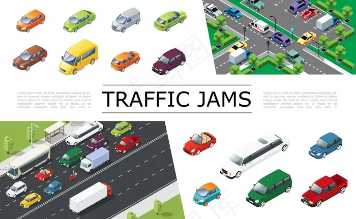 城市交通在不同类型和型号的道路车辆上行驶时的等距交通堵塞组成eps,ai矢量模版下载