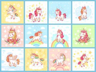 彩虹上可爱的小独角兽。