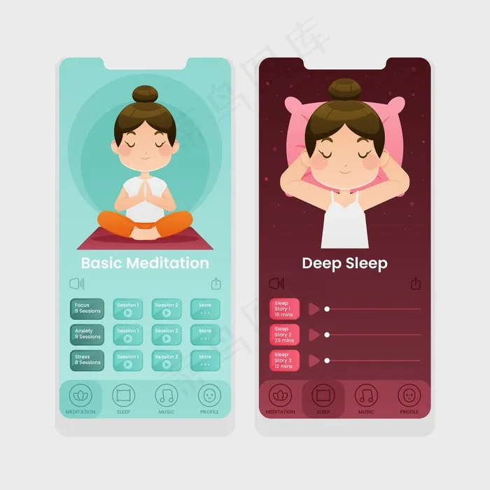 冥想应用程序屏幕集合eps,ai矢量模版下载