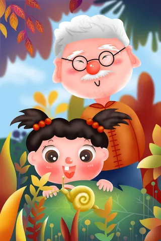 秋天野外老人孩子重阳节蜗牛