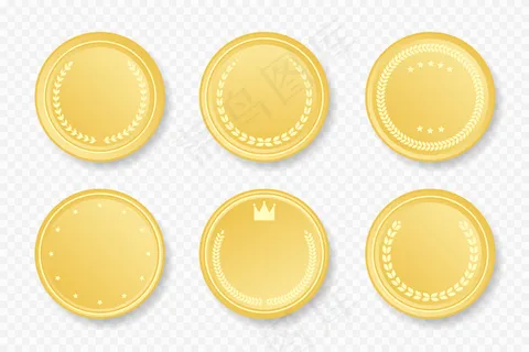 金色豪华圆框系列。矢量图解。金色徽章贴纸镶有桂冠、星星和皇冠