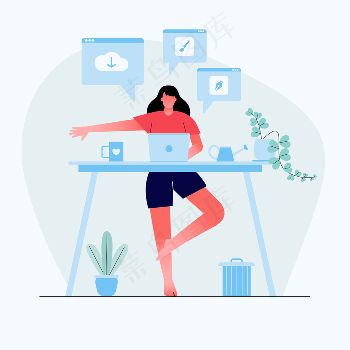 女商人在家里做瑜珈，用商务流程图标来缓解在办公桌后面辛苦工作带来的紧张情绪