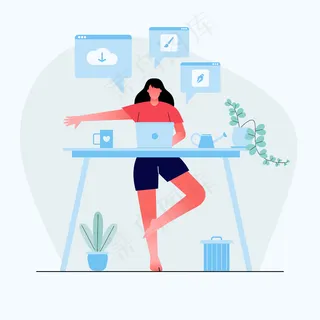 女商人在家里做瑜珈，用商务流程图标来缓解在办公桌后面辛苦工作带来的紧张情绪
