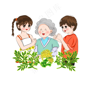 重阳节看望奶奶PNG手绘素材