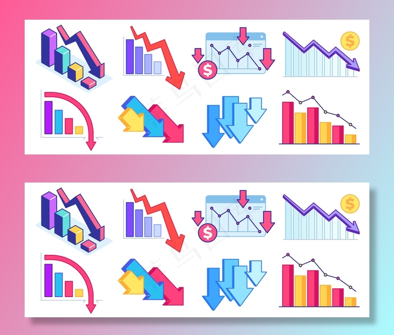 下拉图表。金融危机、商业问题和经济下滑。向下箭头图形，损失和减少收入。eps,ai矢量模版下载