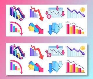 下拉图表。金融危机、商业问题和经济下滑。向下箭头图形，损失和减少收入。